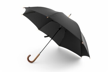 sleek black umbrella with curved wooden handle isolated on white background product photography