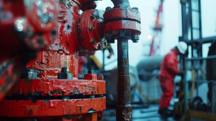 A worker in red protective gear operates machinery on an offshore oil rig. The focus is on a red mechanical component in the foreground.