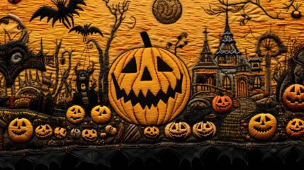 Embroidered Halloween background with pumpkins.