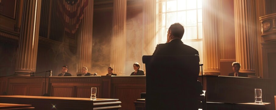 A lawyer presents a case in a dimly lit courtroom as the judge and jury listen attentively to the legal arguments being made.