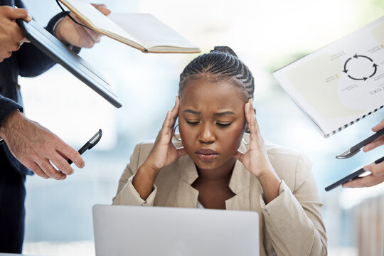 Headache, business and black woman with stress for chaos, burnout and anxiety for project deadline in office. African worker girl, crisis and overwhelm with multitasking and frustrated with documents