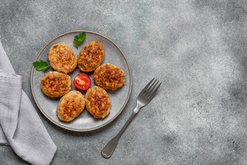 Fried meat cutlets in a plate on a gray concrete background. Top view, flat lay, copy space
