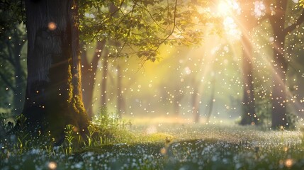 A serene forest glade at dawn, with a defocused background filled with tiny, shimmering particles -