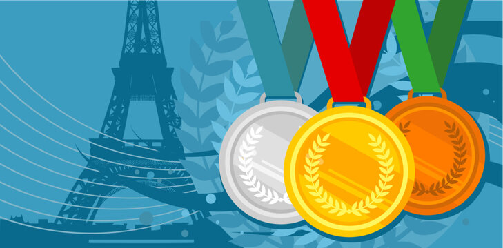  Gold, bronze and silver medals. Sports trophy, championship, with the Eiffel Tower, Paris - banner, vector illustration background with empty space