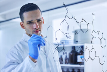 Glass, science and man writing molecule for chemistry, research or medical analysis for solution...