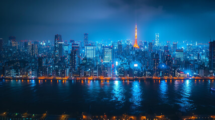 Fototapeta premium A wide view of the city with many tall buildings at night with spotlights shining on the buildings generative ai