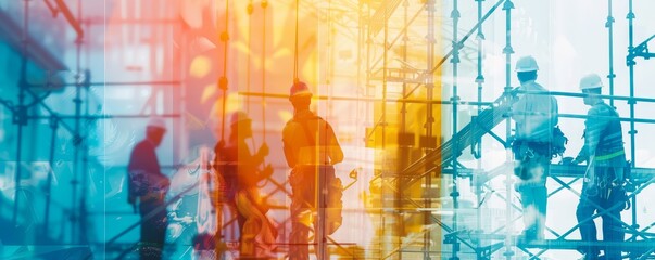 Abstract image of construction workers standing on scaffolding with vibrant light leaks, symbolizing industry, teamwork, and architecture.