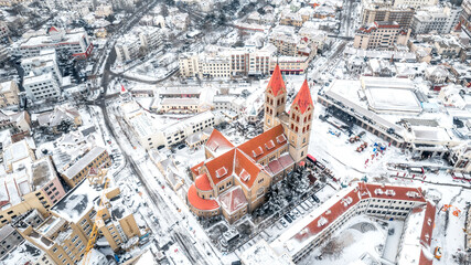 Aerial shot of the St. Michael's Church in Qingdao, Shandong Province, China on a snowy day
