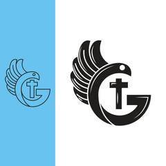 a dove forms the letter G with a cross in the middle, Line art style and silhouette stylish.