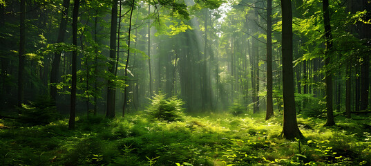 Lush forest with myriad green trees under bright sunlight