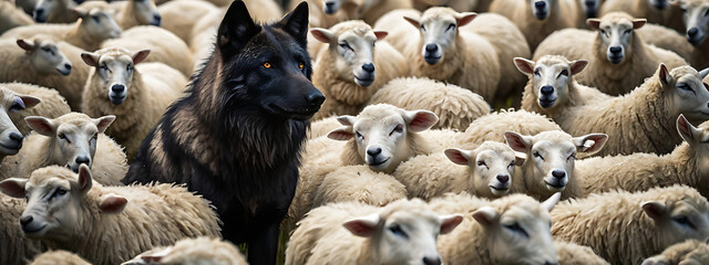 Obraz premium A black wolf among a flock of white sheep, raising head, Concept of standing out from the crowd, own identity, concept image 