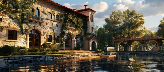 Fototapeta premium A large house with a pool and a bridge