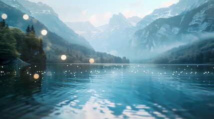 A serene lake nestled in the mountains, with a defocused background of gently glowing particles -