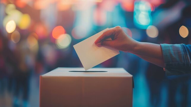 Hand placing voting ballot in ballot box on blurred polling place, concept of a person voting during elections