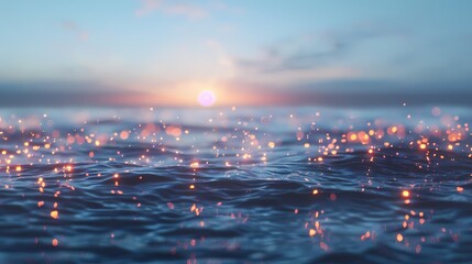 A serene scene of a calm ocean, with a defocused background of gently glowing particles