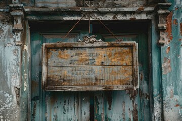 Naklejka premium A weathered wooden shop sign hangs above a doorway, its chipped paint revealing a message underneath in faded lettering.