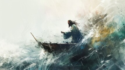 Jesus calming the storm with his command. , watercolor style, white background