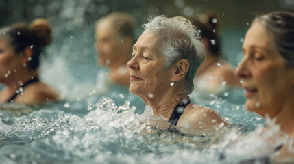 Obraz premium A group of women are swimming in a pool