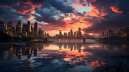 Fototapeta premium Vibrant city lights reflecting on the waters at dusk