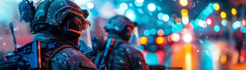 Colorful night scene with futuristic soldiers, armed and prepared for action in an urban environment with bokeh lights.