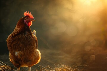 Serene hen basks in the warm glow of a sunset, creating a tranquil farm scene