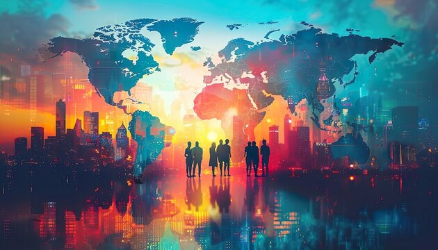 multinational corporation expanding its operations into new countries, global map with highlighted regions of expansion. diverse teams collaborating across borders,  international growth. 
