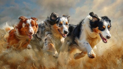 of herding dogs like Australian Shepherds and Border Collies against a dynamic, motion-blurred...