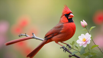 Close-up Northern Cardinal perching on branch,Bird Photography