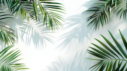 Palm leaf shadows on white wall, Background for product advertisement, Summer tropical travel beach with minimal concept, Banner with copy space, generative ai