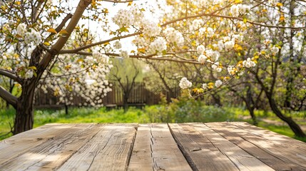 A beautiful spring background with an empty wooden table set in the outdoor nature, surrounded by blooming trees and blurred background.