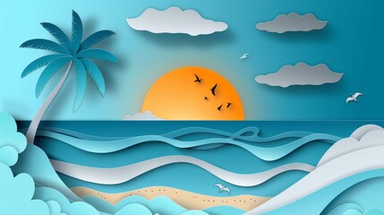 Fototapeta na wymiar Paper art of a tropical beach with blue ocean, palm tree, sky and sun, summer concept illustration