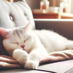 Sleeping cute white cat lying on the sofa, AI-generated.