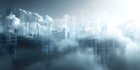 Futuristic cityscape with digital cloud overlay represents advanced technology in urban environment. Concept Technology, Urban Environment, Futuristic Cityscape, Digital Cloud Overlay