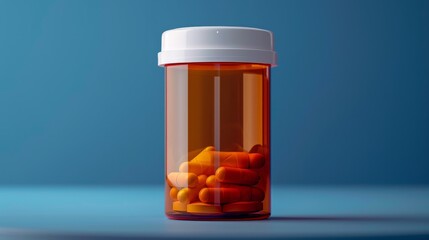 Prescription pill bottle filled with orange capsules on a blue background, representing healthcare and medication.