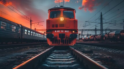 Obraz premium Front view of a locomotive with cinematic and professional photography style.