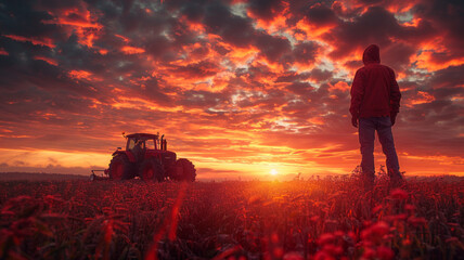 Fototapeta premium a happy farmer in front of a tractor wide background sunset,generative ai
