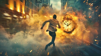 Running after time, alarm clock burning in fire, exploding rush hour, deadline pressure, urgency