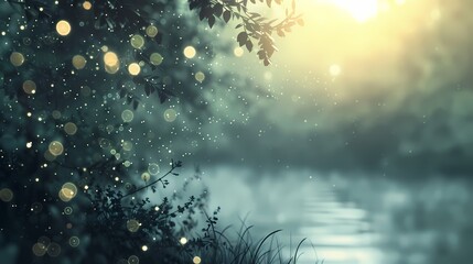 A serene scene of a misty morning, with a defocused background of gently glowing particles