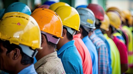 A group of workers wearing safety helmets and workwear standing in line at the factory. A skilled engineering team is ready for maintenance and training in an industrial factory setting.