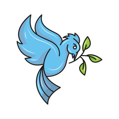 a dove bites a sprig of grass. solid color style.