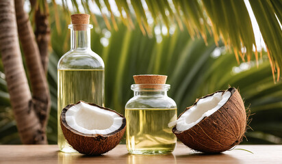 AI generated illustration of a jar and a bottle  of coconut oil with halved coconuts