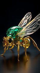 Fototapeta premium Close-up of a detailed and intricate metallic insect sculpture with emerald green and gold accents showcasing its craftsmanship and design with dark background 