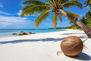 AI generated illustration of a single brown coconut on a white sand beach on a sunny day