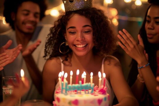 A young woman celebrates her birthday with friends, sharing laughter, cutting cake, creating a cheerful atmosphere, spreading happiness and togetherness in a festive party setting