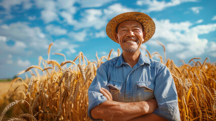 Fototapeta premium Asian farmer stands in a golden wheat field with a smile on his face,generative ai