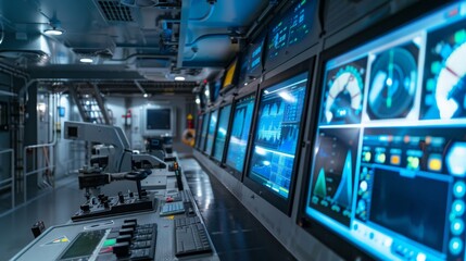 Obraz premium Control room on a naval vessel with multiple monitors showing data and graphs. It is nighttime, and the environment is illuminated by screen lights.