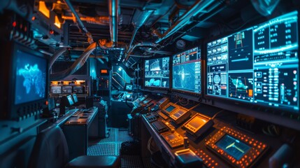 A high-tech control room decked with multiple computers and advanced screens displaying data and world maps, under blue lighting, in a nighttime setting with a cluttered, busy atmosphere.