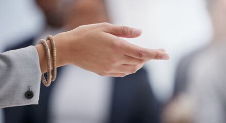 Fototapeta premium Person, hand and palm in office with gesture for explaining, question and ask for understanding of information. Female employee, zoom and body language for speaking, talking and helping for business