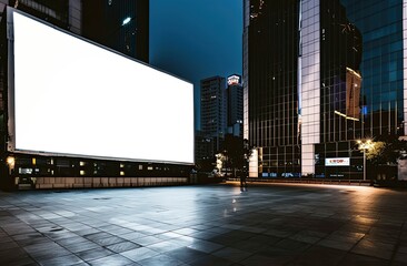 A large blank billboard in the center of an empty city square at night, illuminated by soft white...