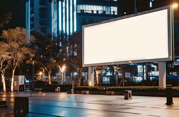 A large blank billboard in the center of an empty city square at night, illuminated by soft white...